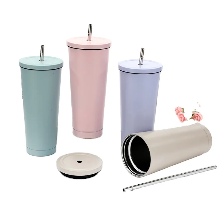 

OEM Logo Fashion Business Gift Candy Color Metal Travel Mug with Straw