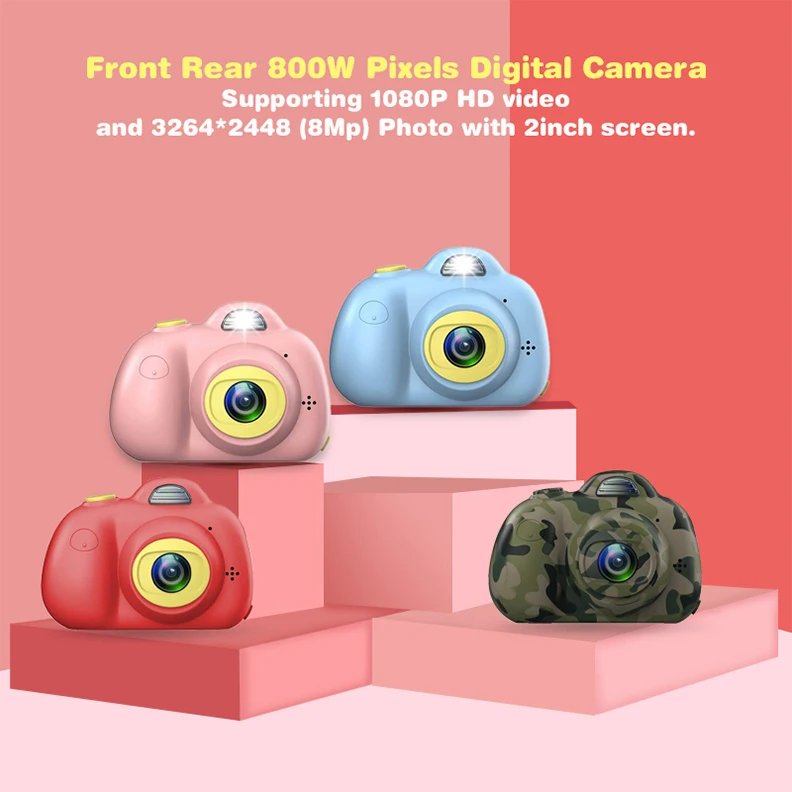 
1080P HD Mini Camara for Children Kids Gift Front and Back Dual-Lens Girls Boys Shockproof Camera with Soft Silicone Shell 