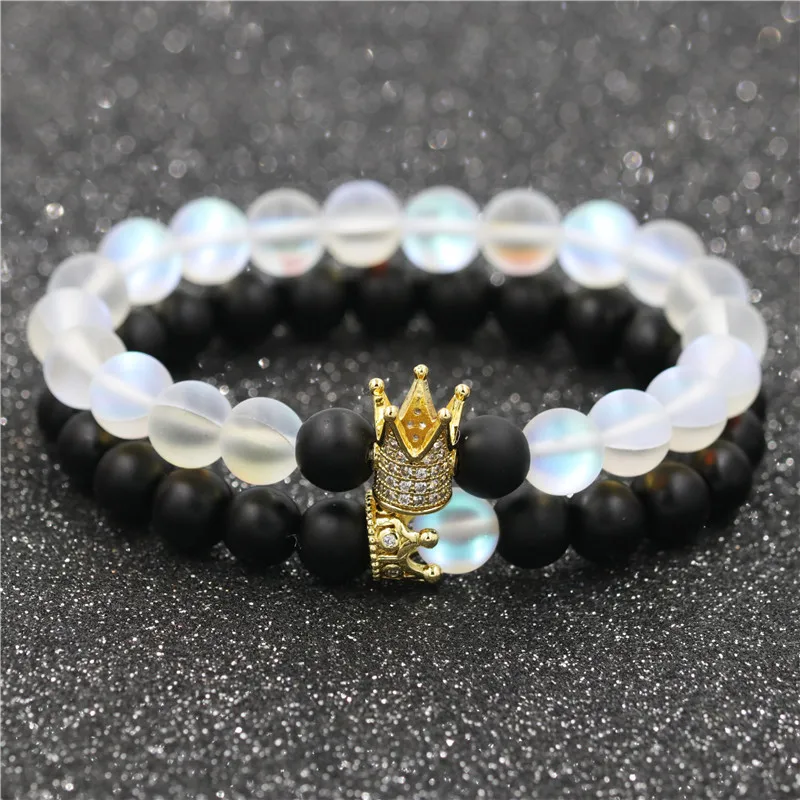 

Wholesale Custom Black Agate Crystal Bracelet Couple Jewelry Moon Stone Crown Men Beaded Bracelet