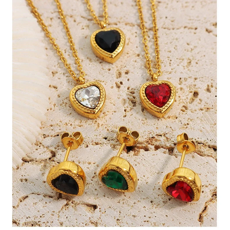 

Dainty Luxury Wedding Jewelry Sets Gemstone Heart Stud Earrings Women 18k Gold Stainless Steel CZ Zircon Crystal Heart Necklace