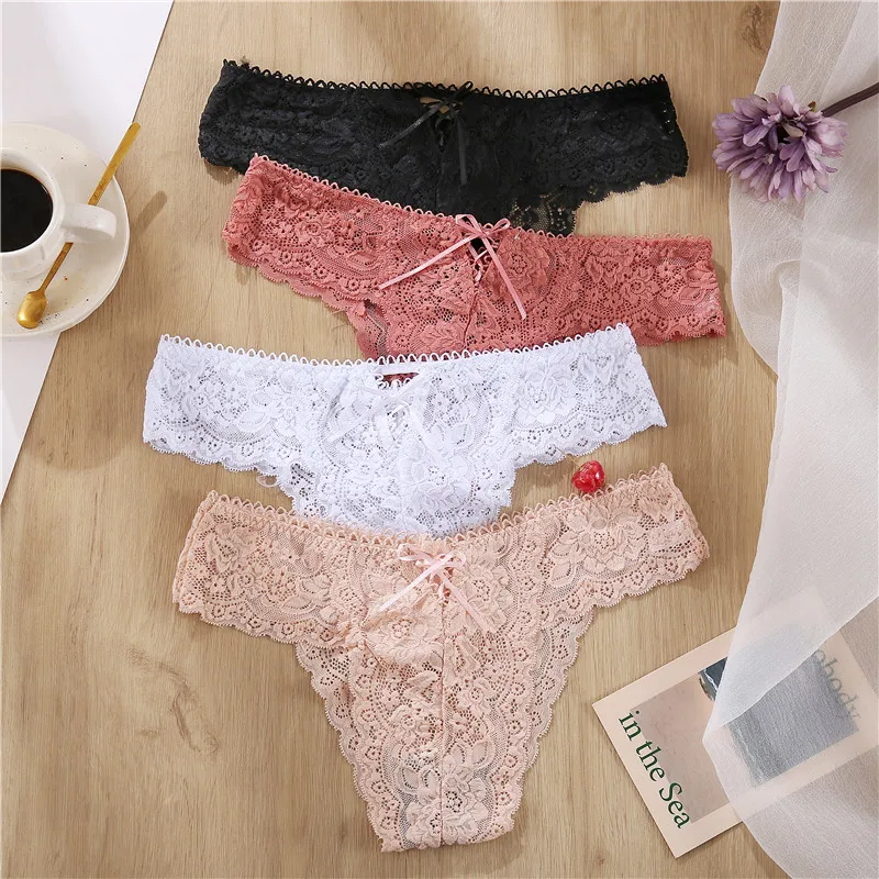 

FINETOO Hot Quality Women Sexy Lace Thong Panties Underwear Low Waist G-String Female Underpants Girls Solid T-back Seamless