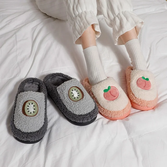 

Super Cute Design Fruits Series Cotton Shoes for Girls Ladies Winter Warm Slippers Strawberry Peach Pineapple Pattern Fur Slides, Grey, pink, red, orange, deep blue