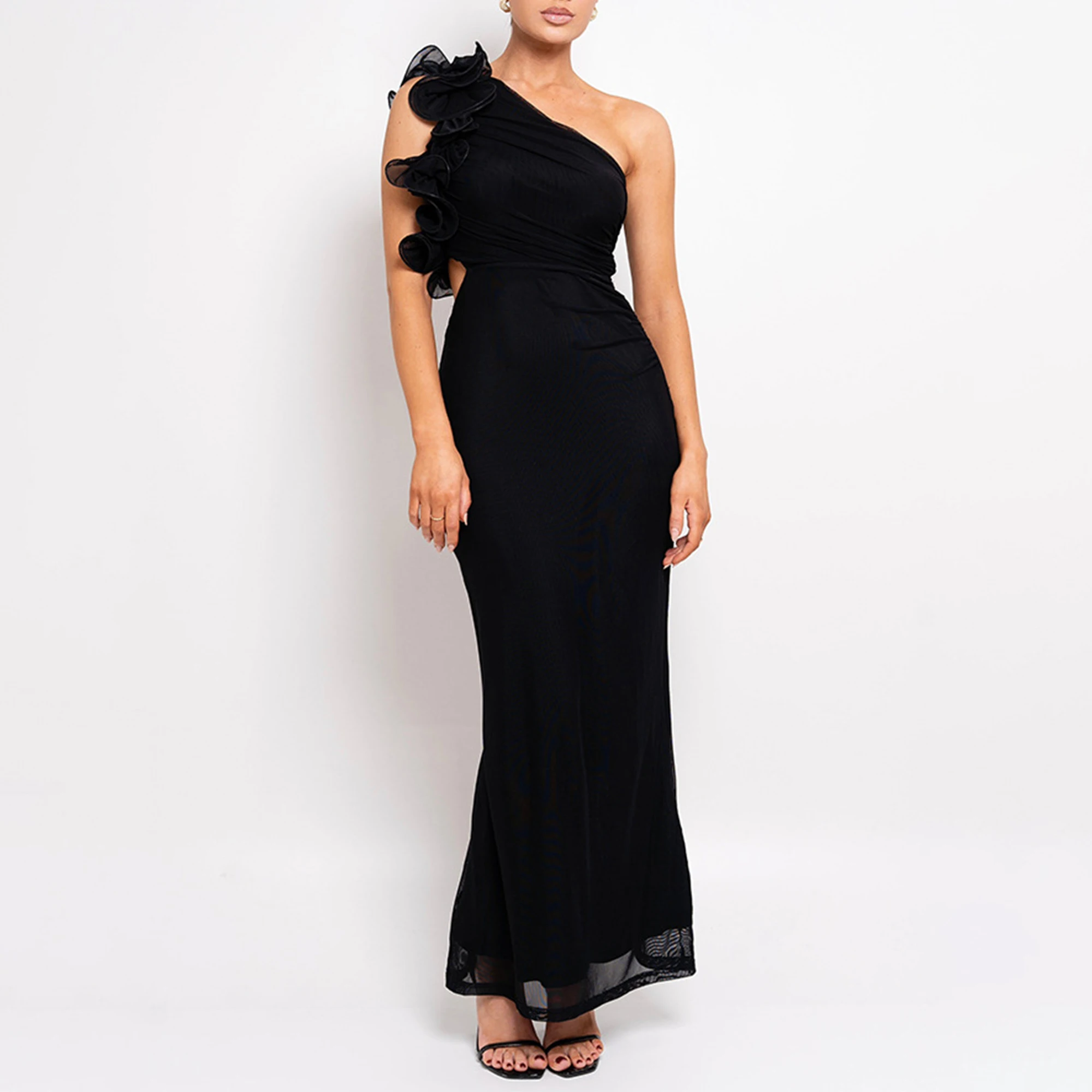 Custom Brand Sexy Slim A-Line Maxi Dress Asymmetrical One-Shoulder Floral Mesh Customizable Bodycon Long Gown for Summer