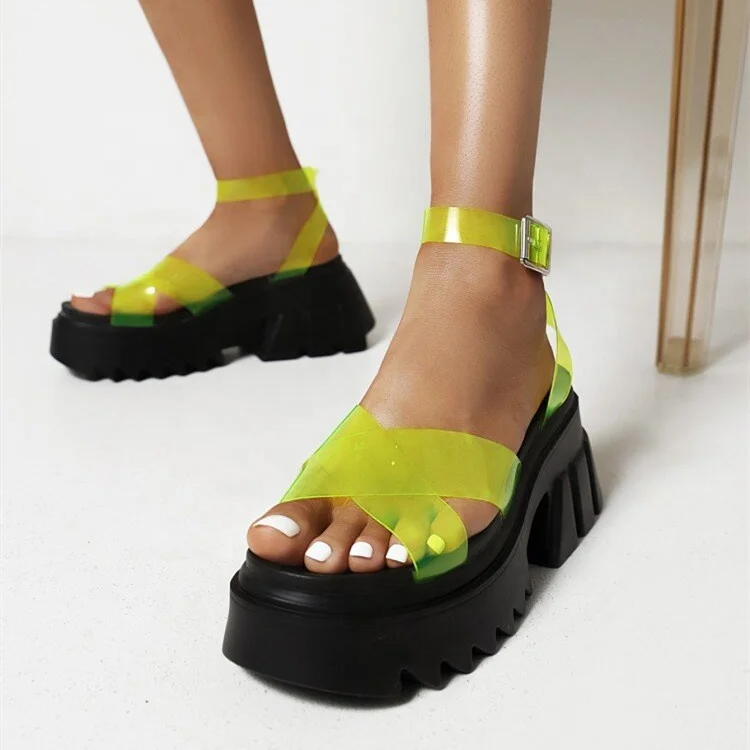 

Anti-Slippery Open Toe Clear PVC Waterproof Thick Heels High Platform Ankle Strap Summer women Fashion sandals, Green yellow orange