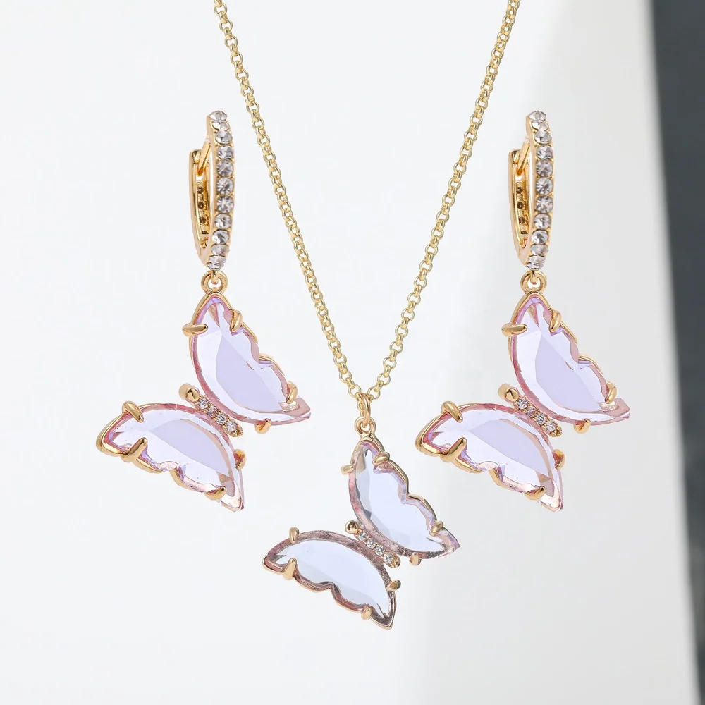 

Colorful Luxury Crystal Glass Butterfly Drop Earrings Women Girls Lovely Jewelry Set Shiny Crystal Butterfly Pendant Necklace