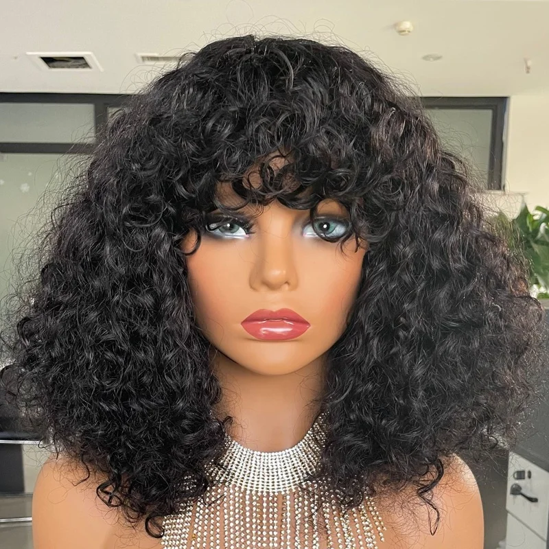 

SDD Super Double Drawn 10 12 14" Machine Made Fringe Wig Raw Virgin Hair Cuticle Aligned 200% Density Short 100% Human Hair Wigs, 1b