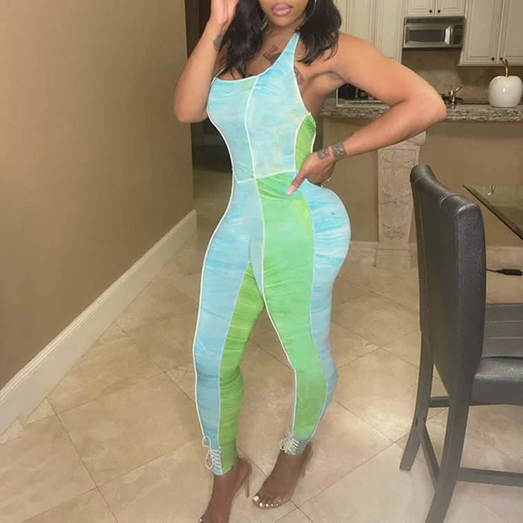 

Silk Tie Dye Patchwork Skinny Halter Sleeveless Backless Fitted Jumpsuit 2021 Stylish Summer Clothing -YS, Green