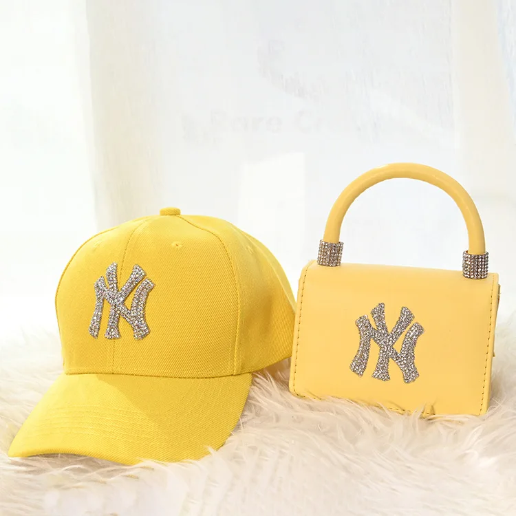 

2021 most hot sale fashion women rhinestone baseball matching messenger bags new york trendy ny hat and purse set, Customized colour