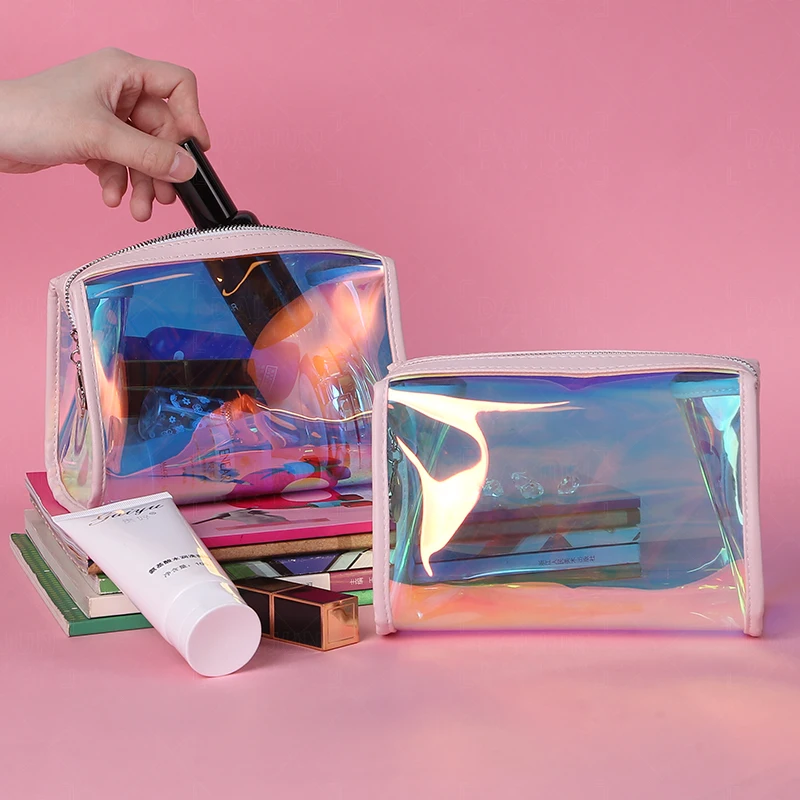 

Wholesale Custom Logo Hot Selling Iridescent Makeup Pouch Bag Holographic PVC Travel Cosmetic Wash Bag