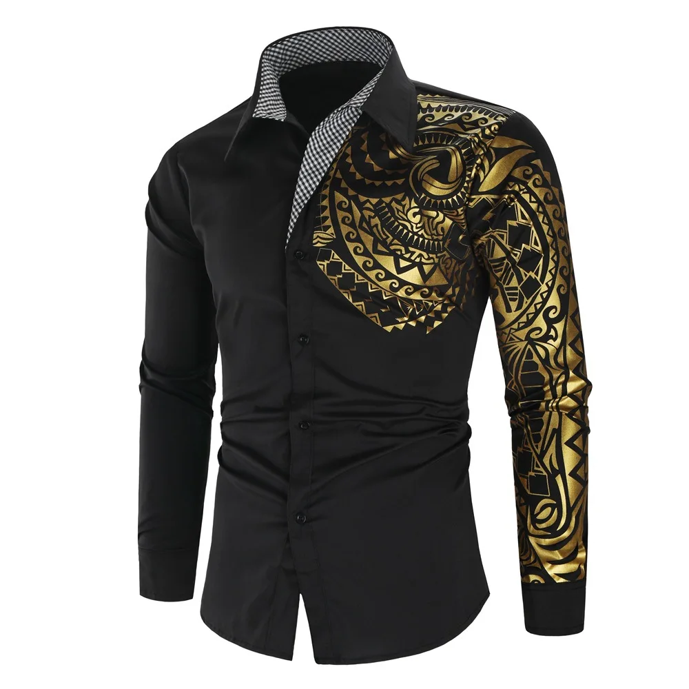

Luxury Gold Black Shirt Men New Slim Fit Long Sleeve Camisa Masculina Gold Black Chemise Homme Social Men Club Prom Shirt, Can be customized