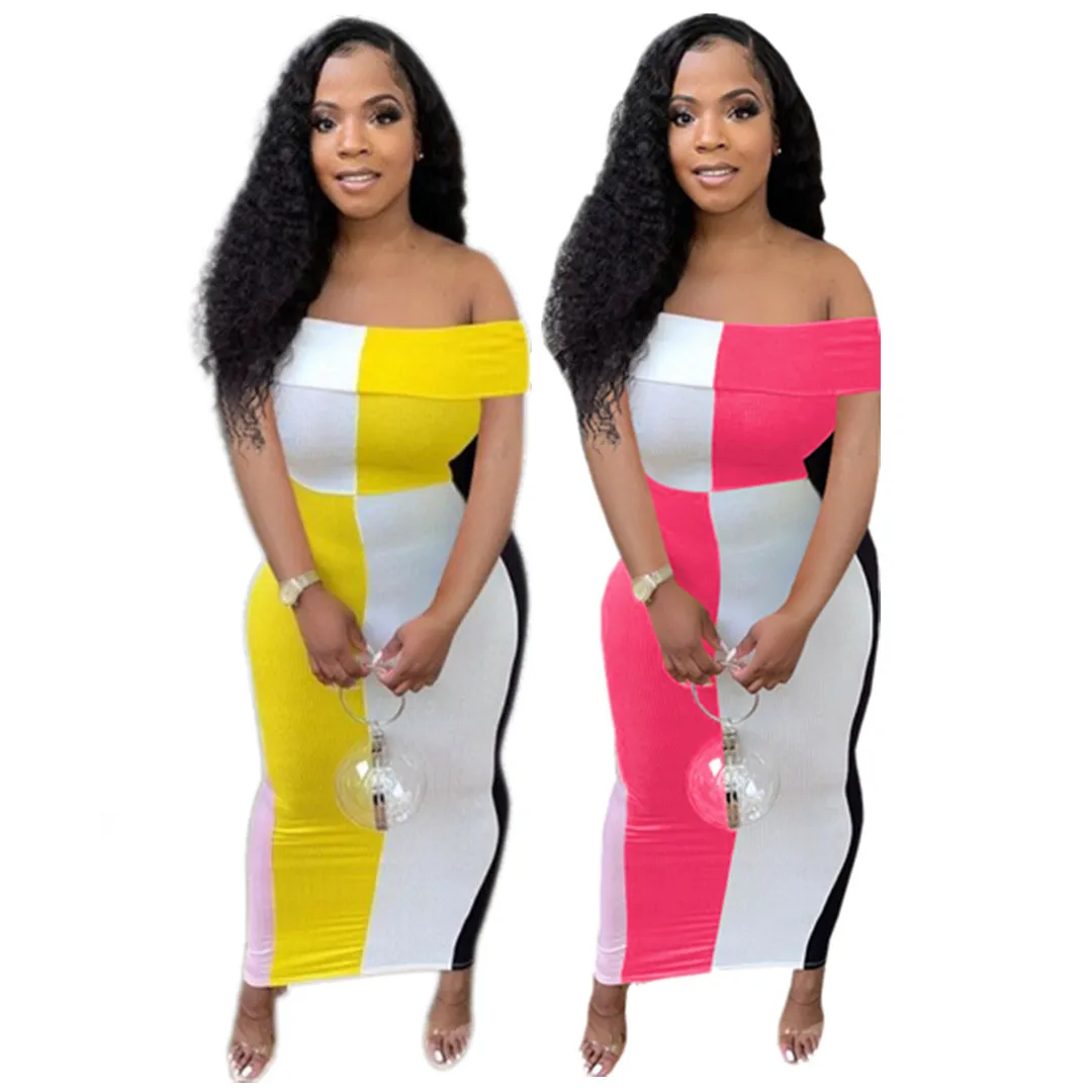 

PSD2030 Fast Delivery Bodycon Plus Size Color Block Ladies Straight Pencil Long Dress for Women, As show