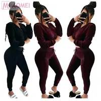 

Y7047 high quality hooded crop top pure color suede Pant Sets Winter Clothes Women