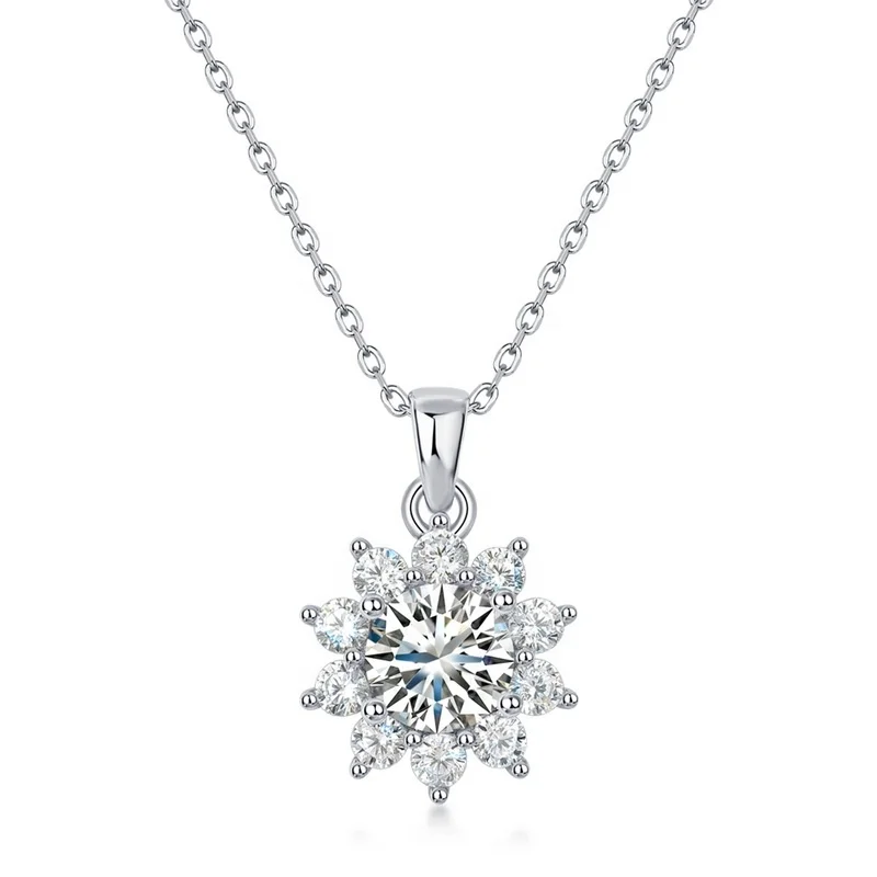 S925 Sterling Silver Round Brilliant Cut Moissanite Pendant Necklace Sunflower Halo Setting Romantic Bridal Wedding Jewelry
