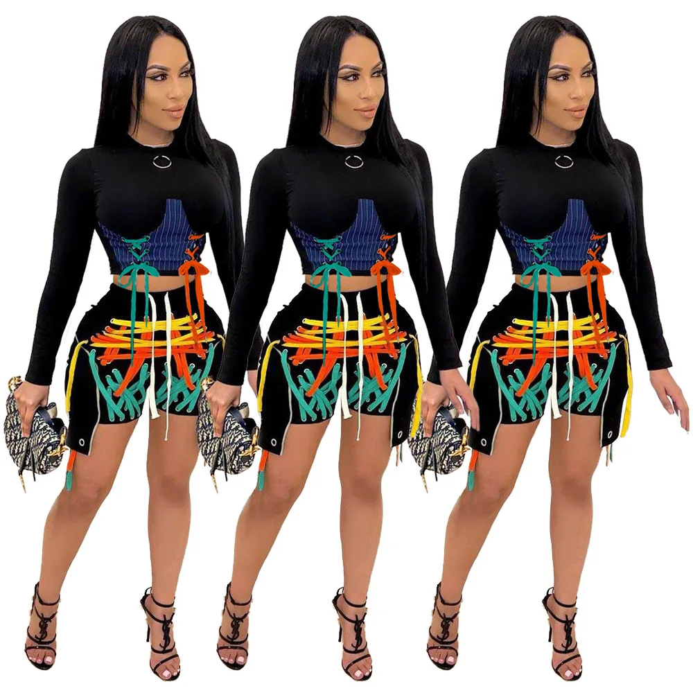 

2022 Fall Fashion Women Draw String Shirts and Shorts Sexy Two Piece Set Stylish 2 Piece Short Set, Black