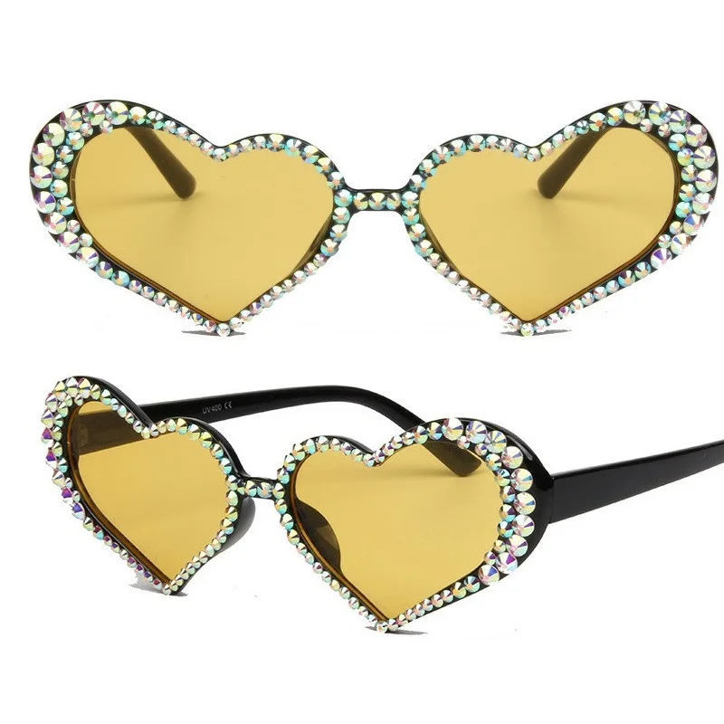 

2021 Women Fashion Handmade Bling Diamonds Tinted Uv400 Love Heart Glasses Sunglasses