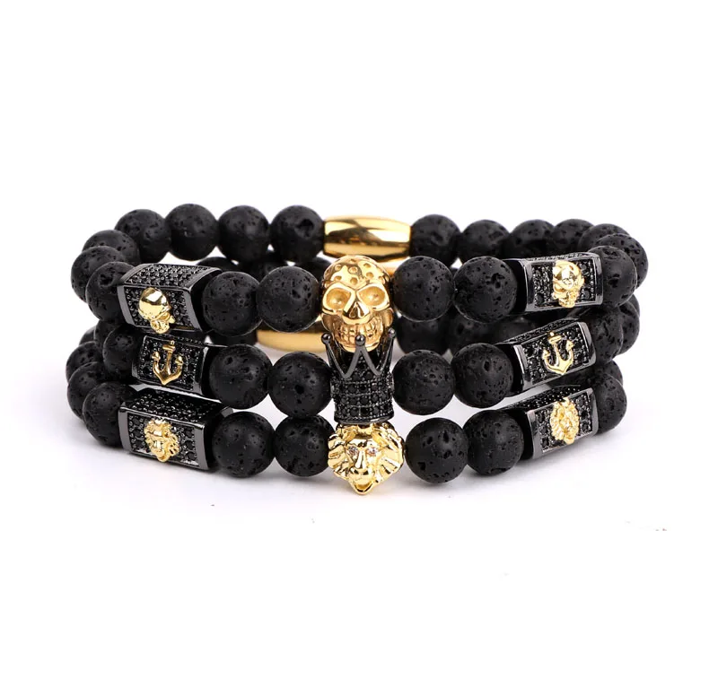 

new design natural lava stone skull lion crown charm custom logo elastic bead men bracelet