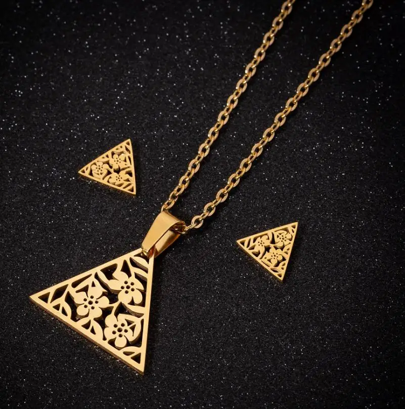 

Gold Jewelry Sets Boho Flower Triangle Earrings Vintage Retro Necklace Women Art Deco Pendant Chain Collares Gifts