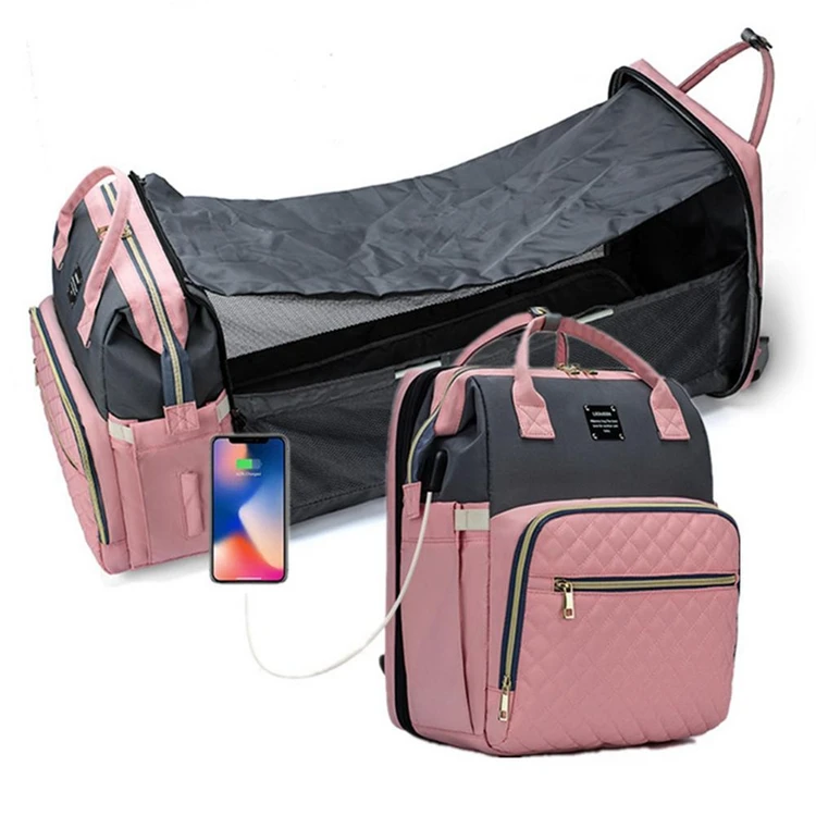 

Hot selling multifunctional portable nappy bag quilted mummy backpack with USB charger port diaper bag with baby bed, Customized