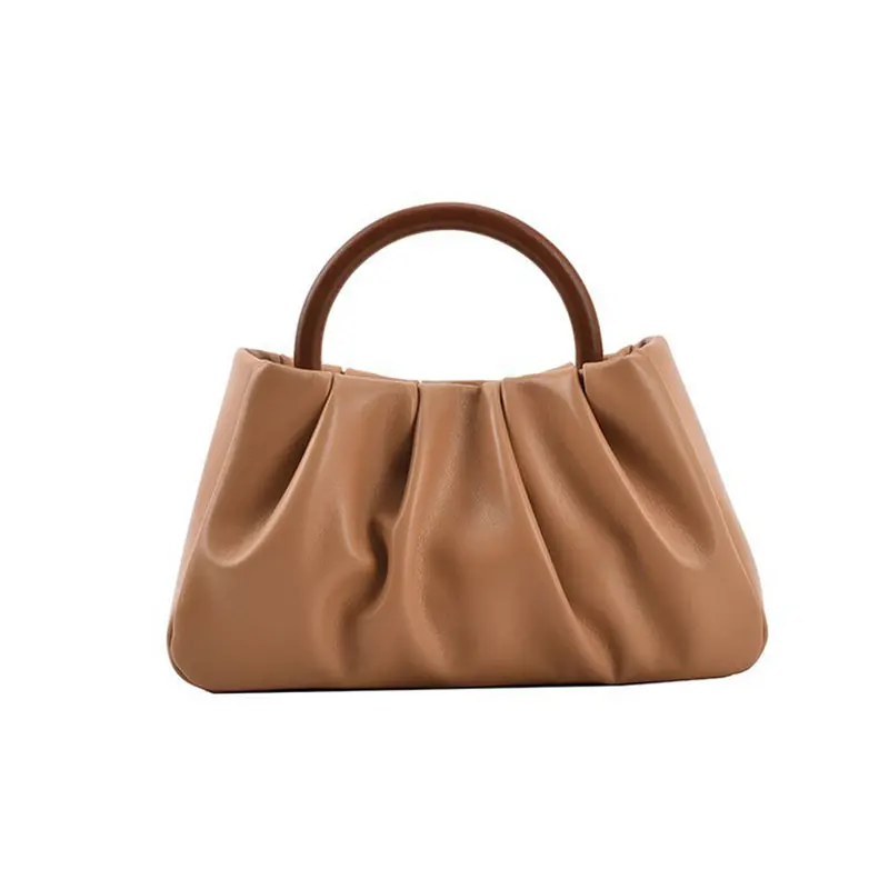 

2021 fashion solid color leather wooden handle cloud bag shoulder crossbody handbag women hand bags ladies, 7colors
