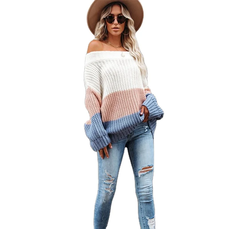 

Autumn Winter Women Sexy Off Shoulder Hollow Out Sweater Casual Knitted Sweaters Elegant Color Block Loose Pullover Knitwear, Picture