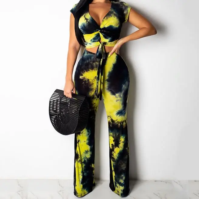 

X00392S Printed beach style sexy two-piece track suit, Yellow/purple/blue