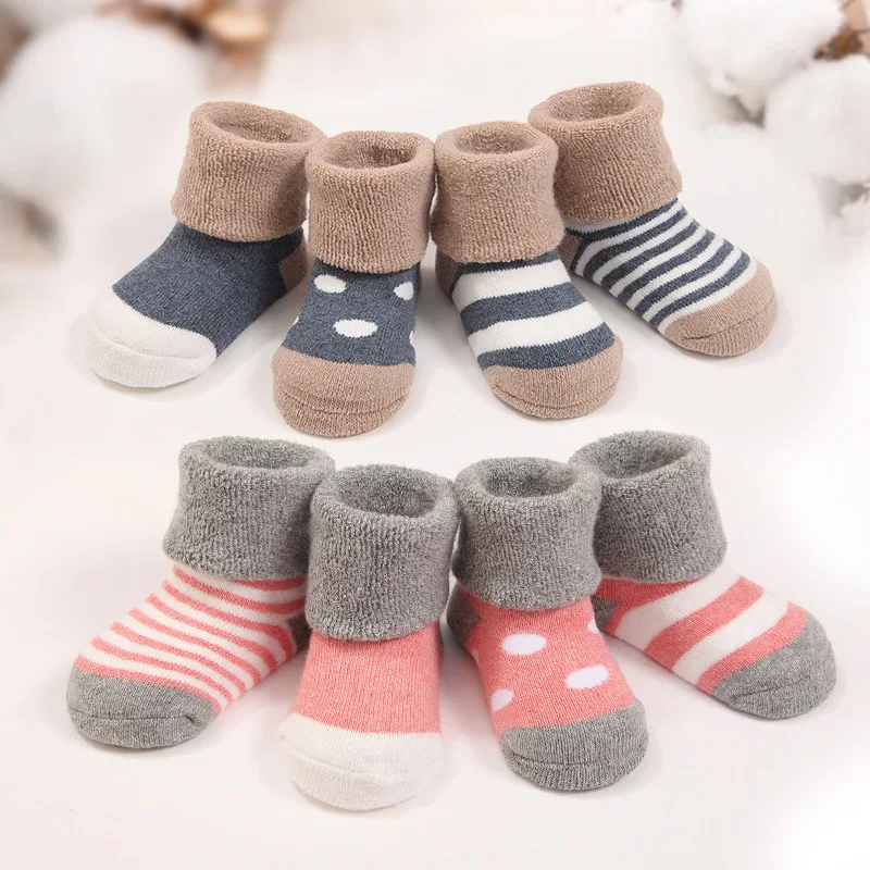 
4 Pairs/set Infant Toddler Striped Warm Cotton Winter Crew Baby Socks 
