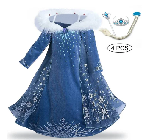 

Hot Selling Winter Frozen Elsa Dress With Crown Stick Wig Kids Cosplay Xmas 4 PCS Sets Girls Dress Up MY20, Blue