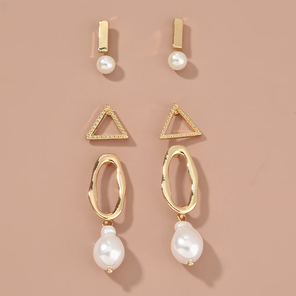 

4 Pairs Of style fashion geometric long bar Triangle Round Pearl gold hoop stud earrings set women jewelry
