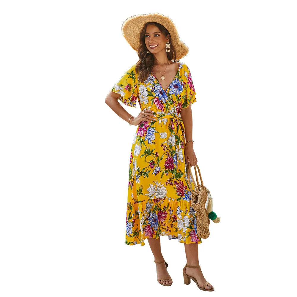 

African summer ladies elegant dresses short sleeves floral print women summer clothes dress colorful casual puffy sleeve dresses, Customized