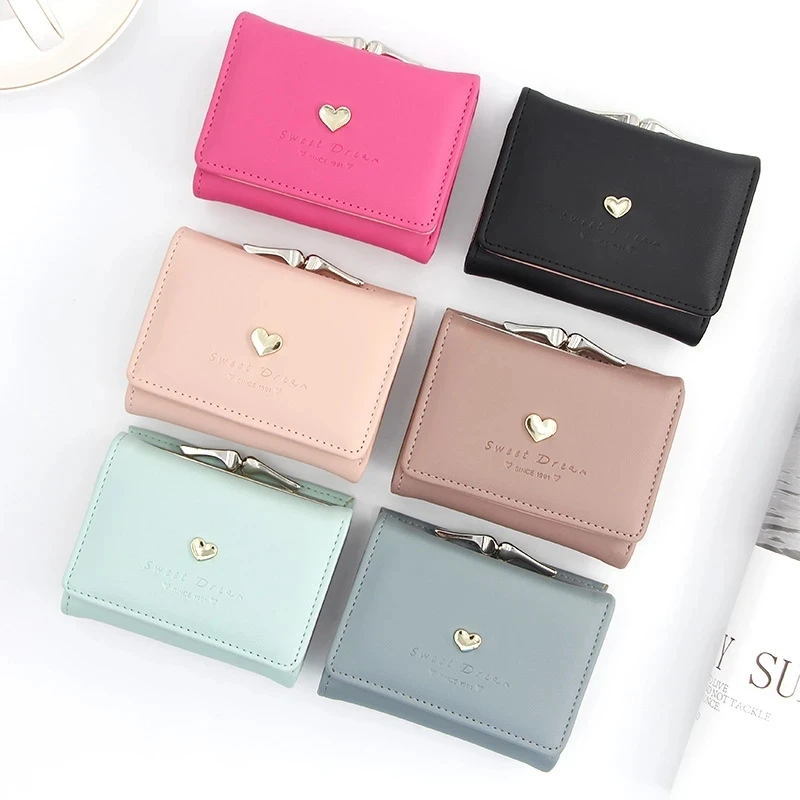 

Vintage Short Heart Hasp Ladies Girls Card Holder money bag ladies leather wallet purses small leather wallets, Customized color