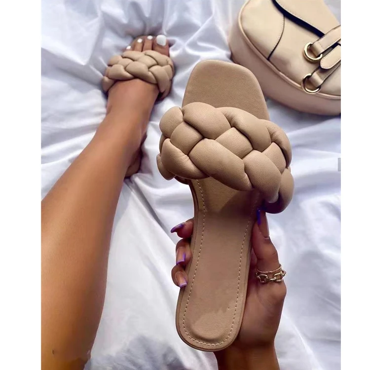 

female summer 2021 new large size billowing weave ladies big braided low heels slides Slippers, 3colors