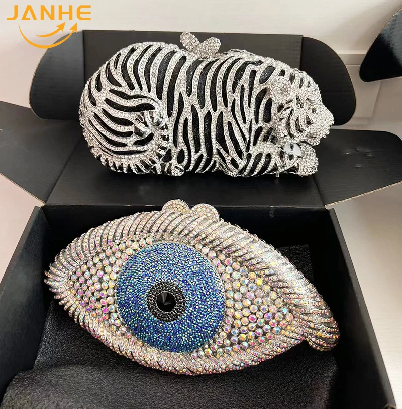 

JANHE bolso de mano Party Event Luxury Tiger Bling Glitter Rhinestone diamond Purse crystal skulls clutch bag evening bags, Rainbow
