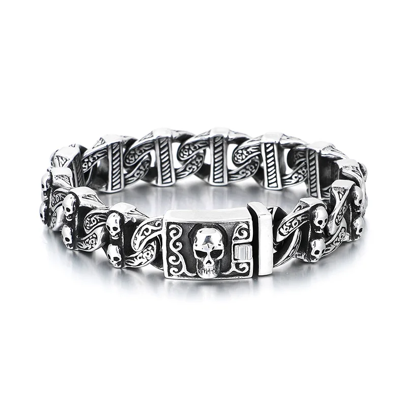 KALEN 220mm Men Punk Stainless Steel Skull Pattern Clasp&Links Bracelet