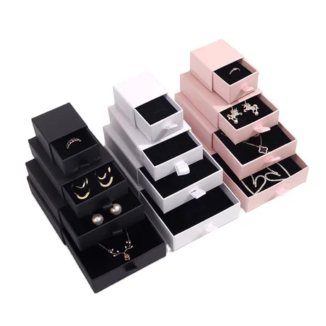 

Custom logo printed elegant drawer box pendant stud ring gift box unique jewelry packing box, Black, brown, pink, white