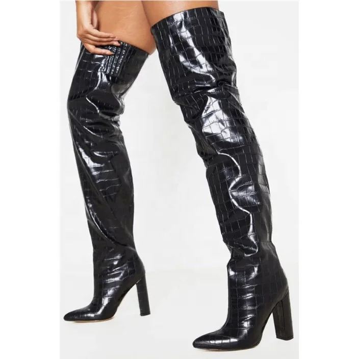 

Stone Print Women Over Knee High Boots Thigh High Slip-on Boots for Women Big Size 43 High Chunky Heel Long Booties, Black