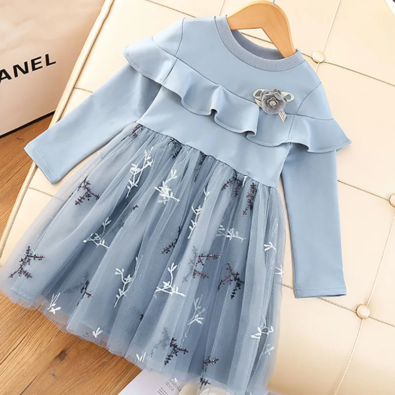 

Girls Dress 2022 New Kids Long-sleeved Floral Mesh Wedding Dress Baby Girl Children's Clothing Mesh Princess Stitching Skirt