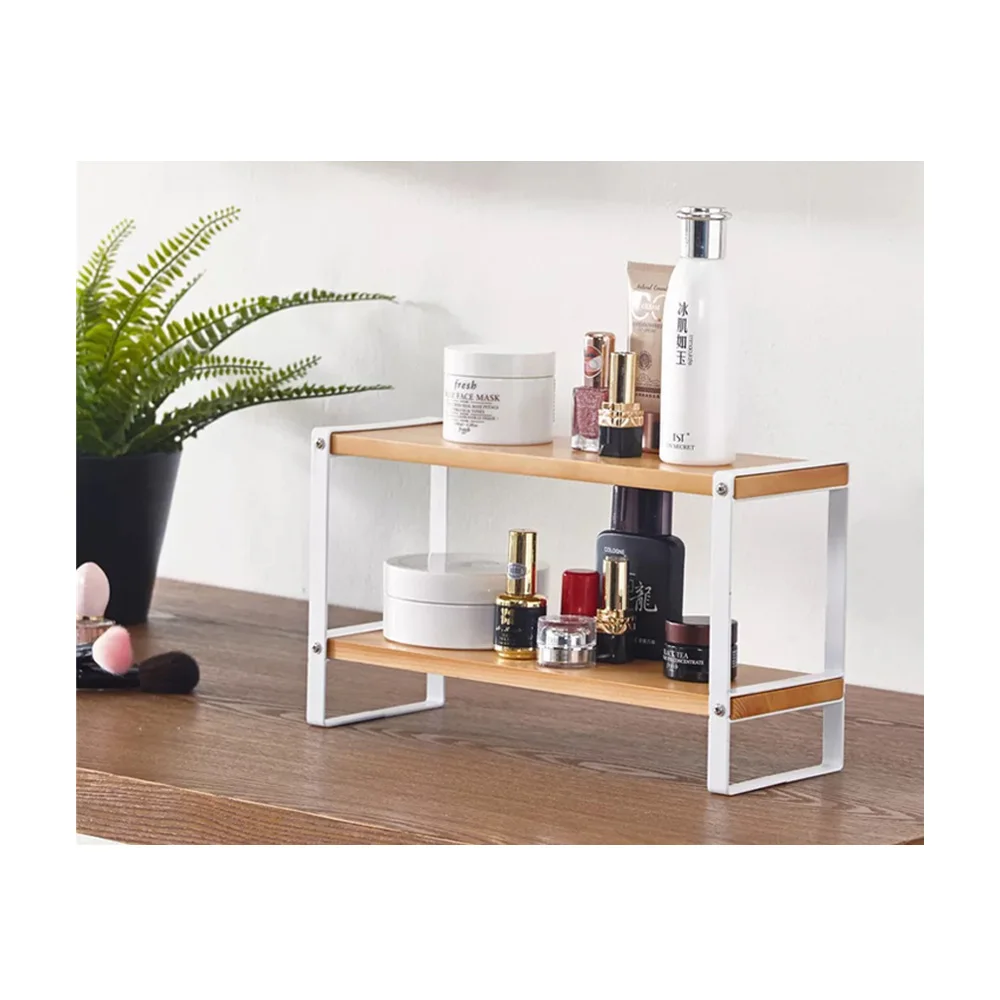 

JX- cabinet sundries shelf double deck wood cosmetic perfume storage rack kitchen cupboard & countertop organizer, Black,white