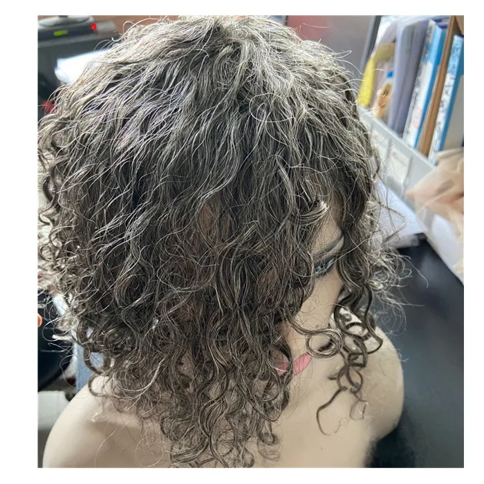 

Short gray white curly hairstyle medium layered bob 150% density naturally Salt and pepper silver Grey virgin human hair wig