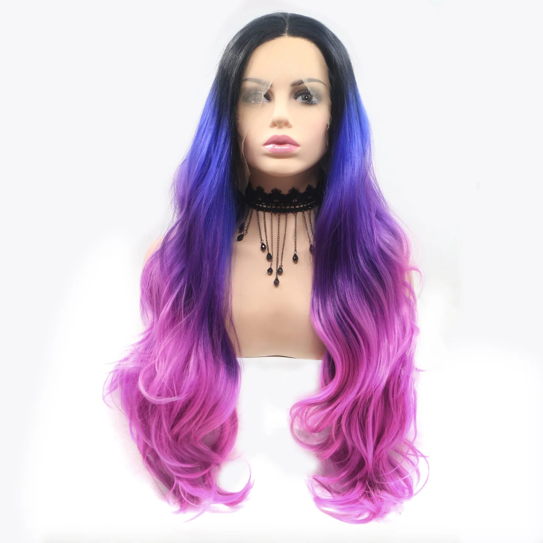 

Hot Selling Deep wave high temperature silk synthetic wig star model purple gradient front lace wig for party