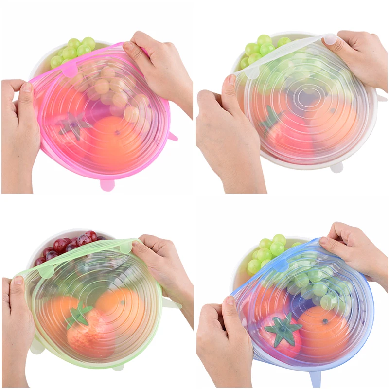 
6 Pack Food Grade Reusable Food Saving Container Lid Sets Stretchy Bowl Covers Flexible Silicone Stretch Lids 