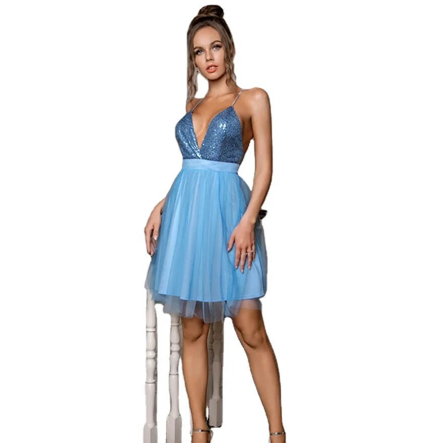 

2021 women Halter strap sequin spinning dress suspender strap sexy short dress