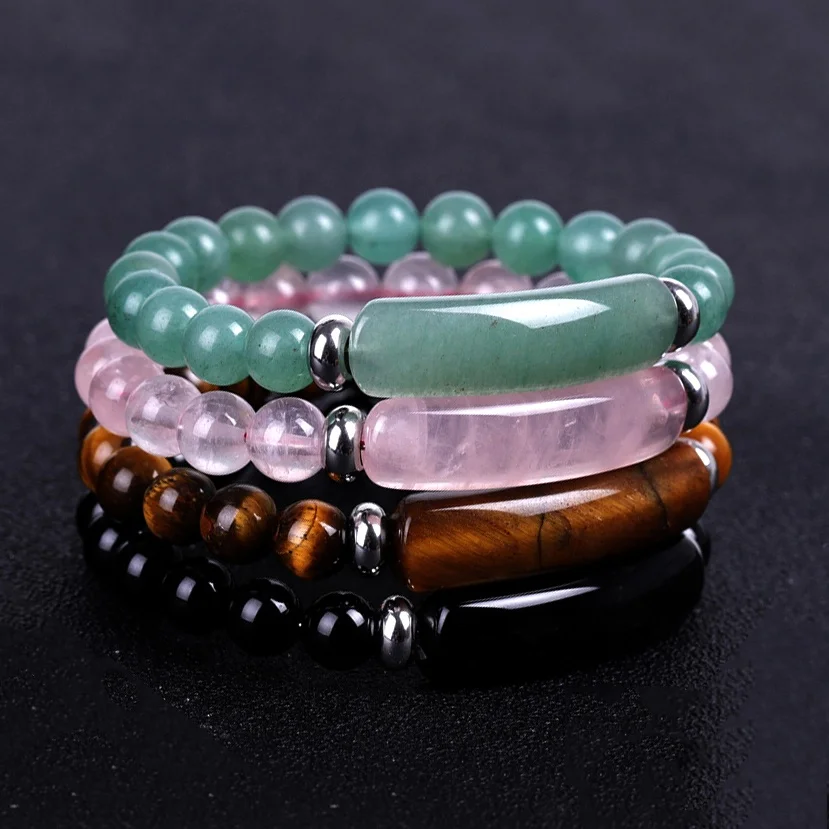 

Wholesale Elastic Stretch Real Genuine Pink Quartz Agate Tiger Eyes Jade Beads Women GEM Healing Natural Stone Bracelet Jewelry, As picture shows