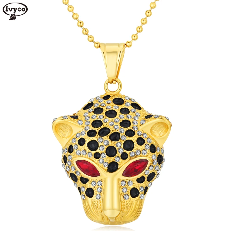 

Fashion Hip Hop Jewelry Stainless Steel Gold Plated Rhinestone Diamond Red Green Blue Eye Animal Leopard Head Pendant