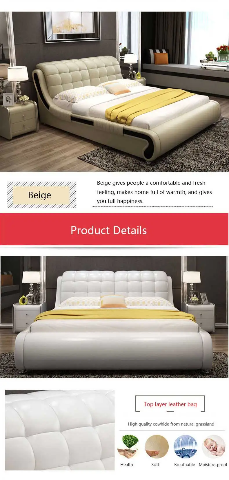 King Size Bed With Genuine Leather Modern Style Double Soft Leather Bed