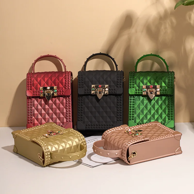 

Wholesale Trendy Fashion Candy Color Small Jelly Bag PVC Telephone Bags Luxury Crossbody Rivet Purses And Handbags For Women, 7 colors