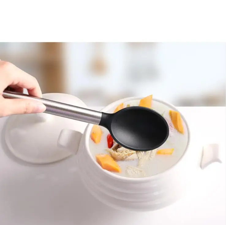 

Hot Selling Kitchen Utensils Silicone Solid Spoon with Stainless Steel Handle