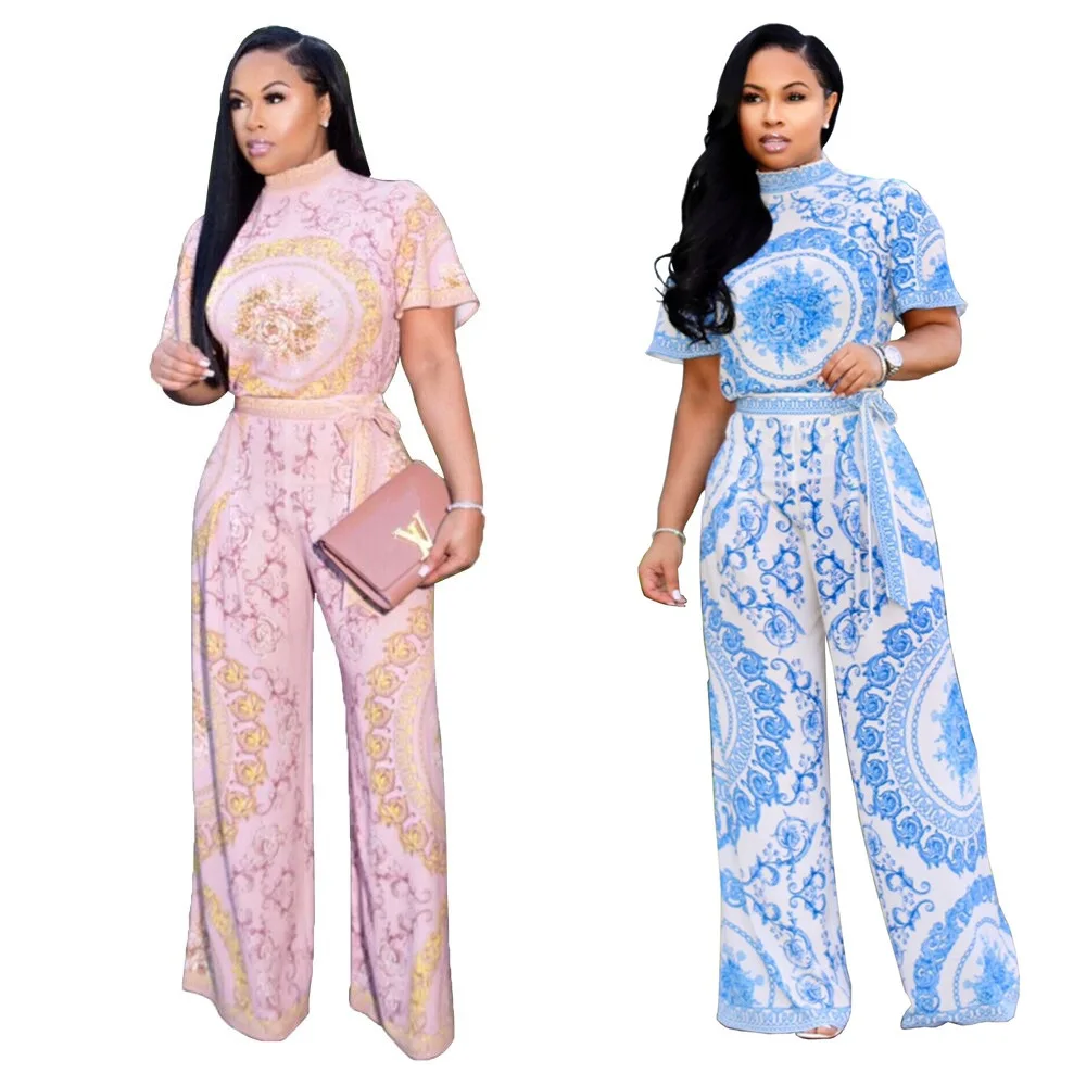 

Women's Positioning Printing Round Neck t-Shirt Wide Leg Pants Two-Piece Suit Sexy Skirt Without Belt, Pink ,blue