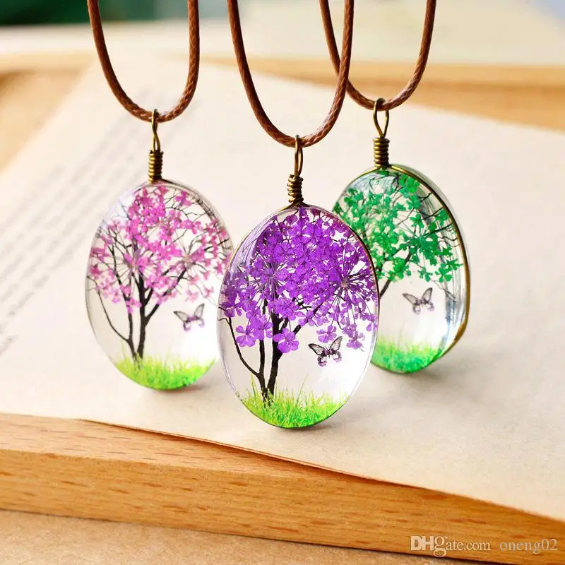 

Fashion Oval Ball Glass Pendant Jewelry Waxed Rope Chain Handmade Dried Flower Pendant Necklace, Colorful