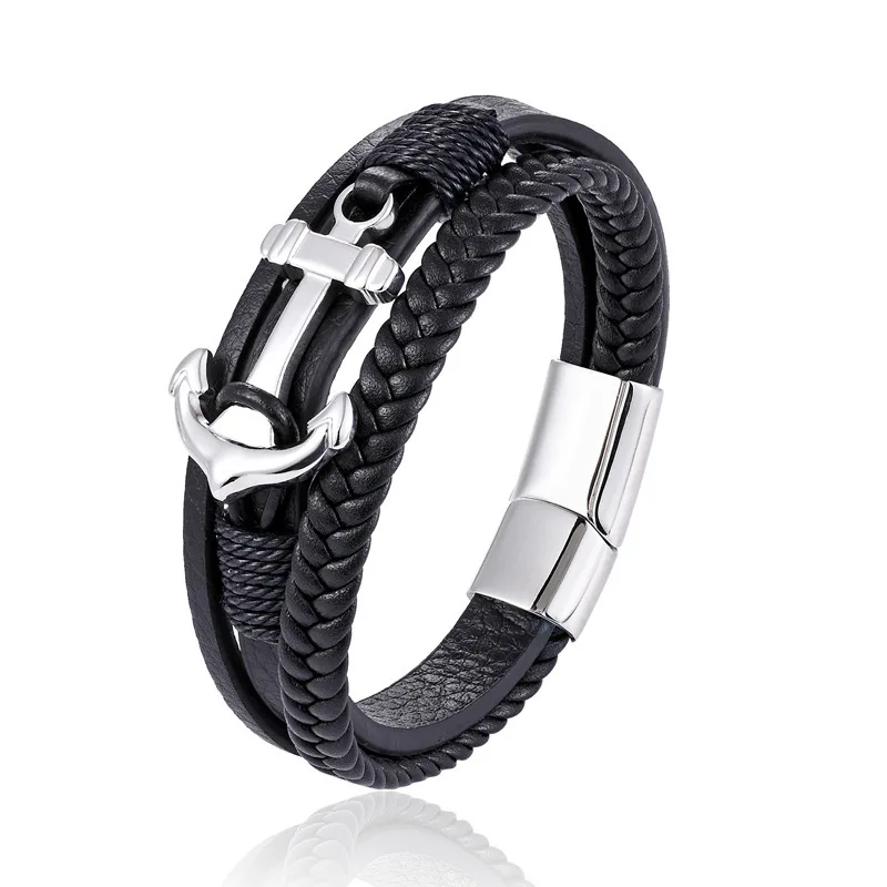 

Bestone Hot Selling Jewelry Bracelet Handmade Stainless Steel Anchor Magnet Clasp Real Genuine Punk Leather Bracelet Men