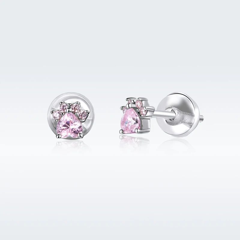

Classic trendy pink animal foot print shape cubic zirconia silver S925 earrings ear stud